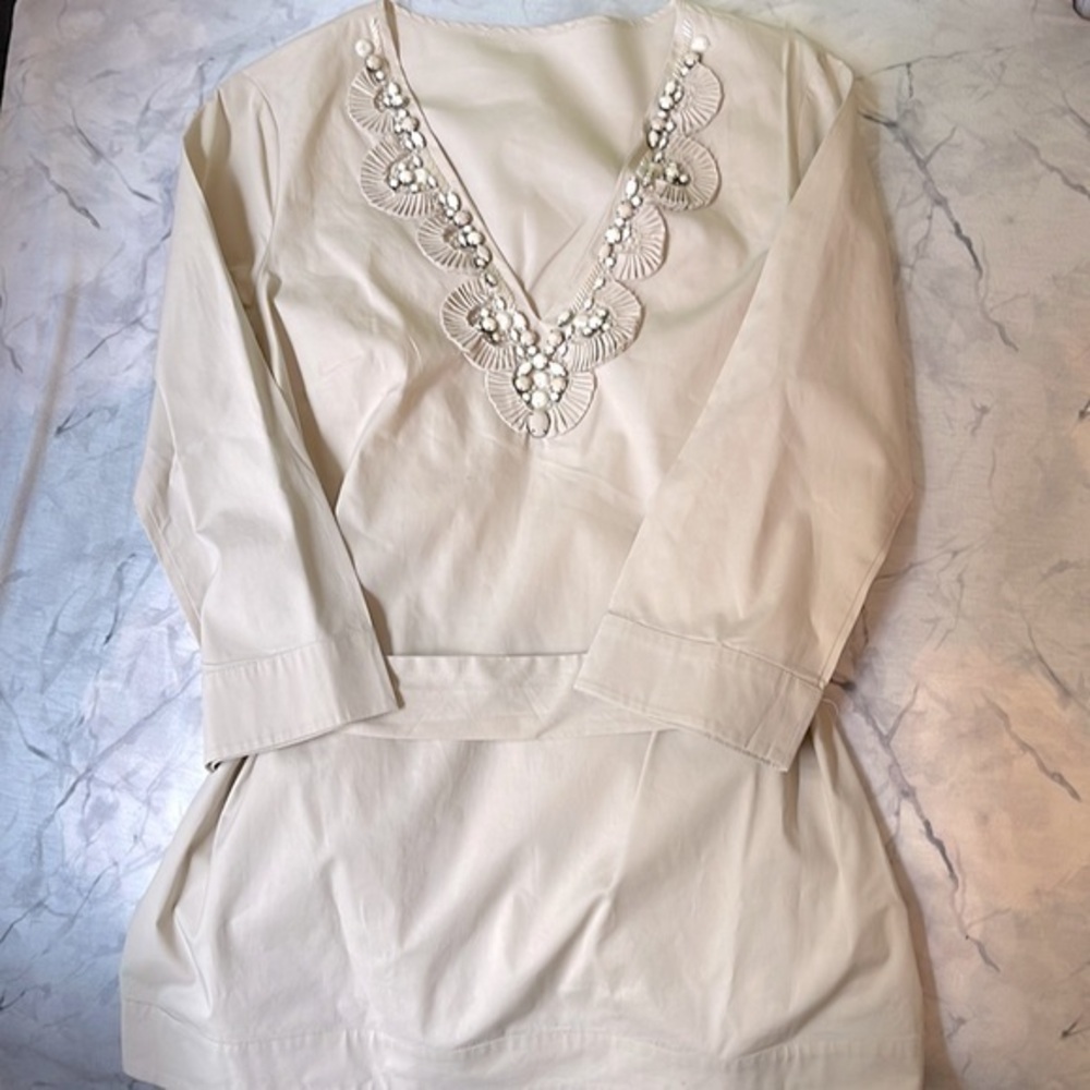 Neiman Marcus Embellished Woven Tunic Top M